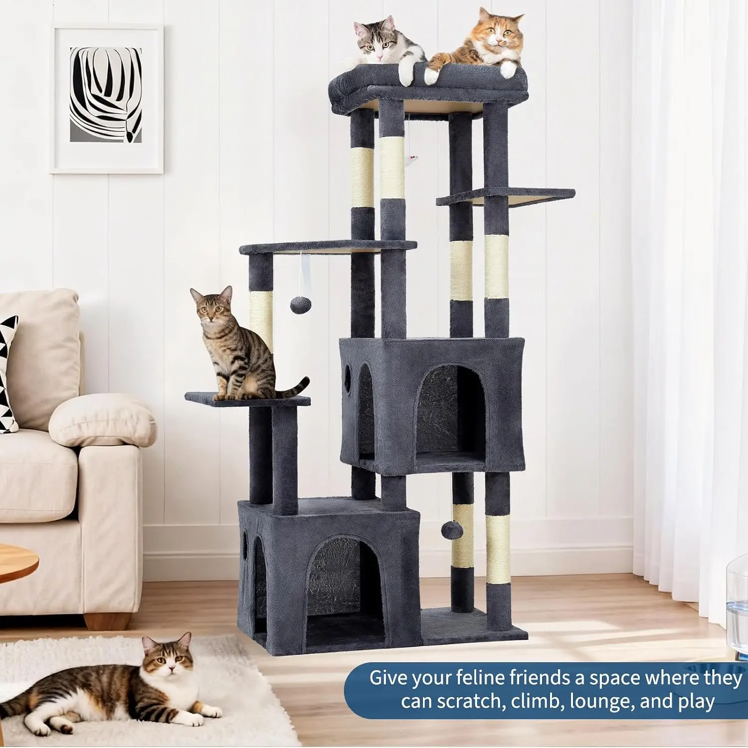 Tacleekii 61" Cat Tree with Extra Large Perch 2 Spacious Condos Multi-Level Cat Tower Natural Sisal Scratching Posts, Interactive Toys for Medium Large Indoor Cats gallery 2
