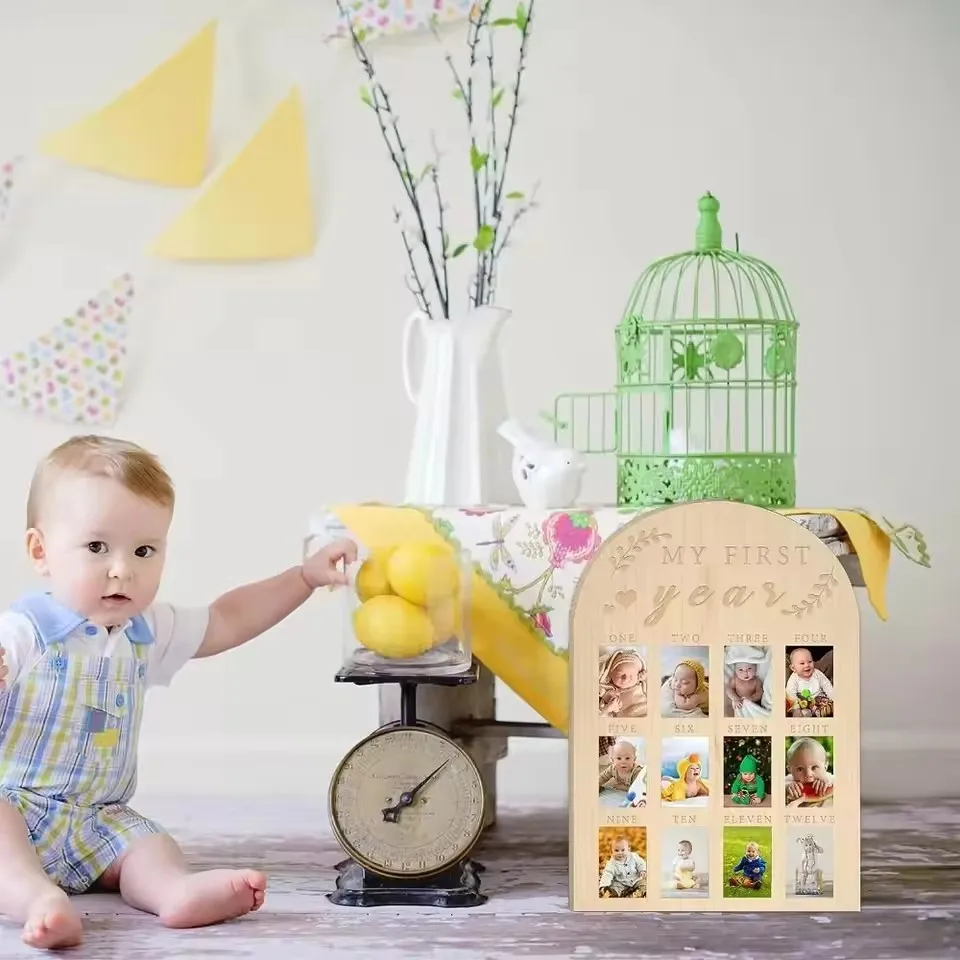 عرض الصور للعام الأول لوحة خشبية لإطار صور السنة الأولى للطفل لوحة معلم 12 شهرًا إطار صورة للأطفال لعيد الميلاد الأول #3