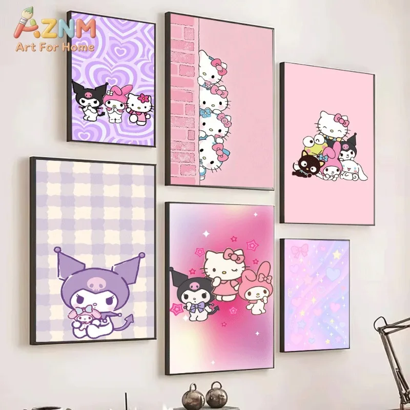 Sanrio Cute Cartoon Poster Kuromi My Melody Hello Kitty Purple Heart Plaid Background Canvas Wall Art No Frame Girls Bedroom