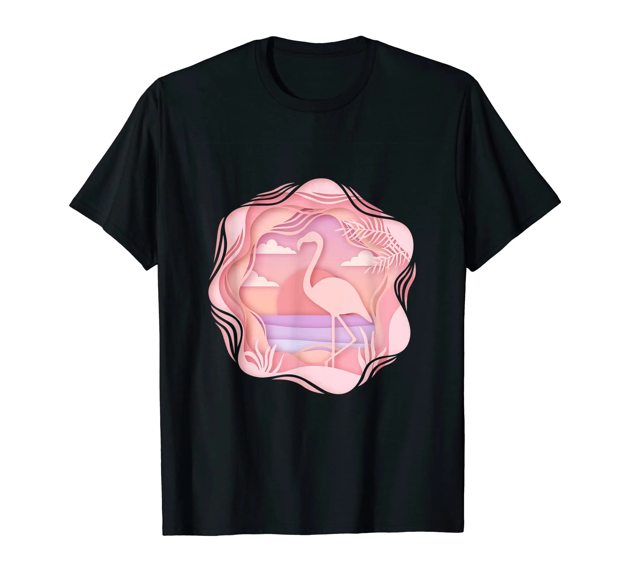 2024 Pink Rose Flamingo Paper-cut Abstract Animal Art Design T-shirt for Male and Female Couples