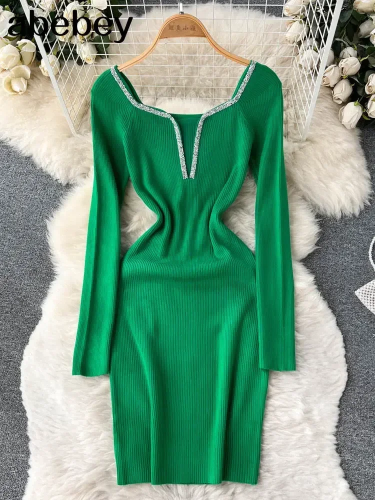Retro Slim Bodycon ชุดถักอารมณ์แขนยาวยืดเสื้อกันหนาว bodycon สแควร์ผู้หญิงฤดูหนาวชุดสั้น
