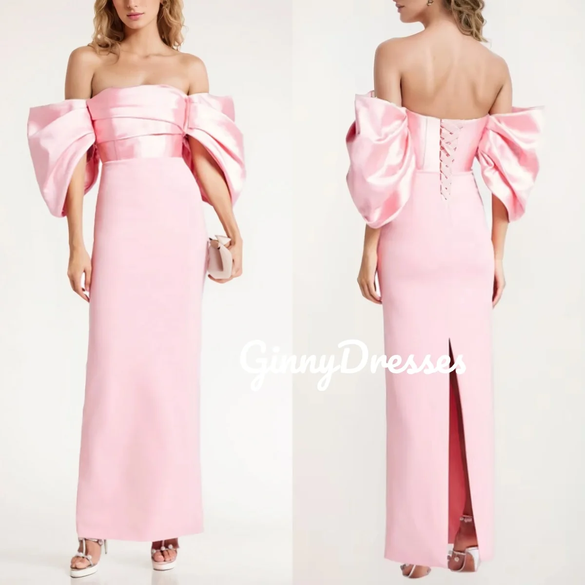 

Customize Dresses For Prom Column Off-The-Shoulder Floor-Length Ruffle Evening Dress Short Sleeves Zipper Up Formal Occasion Dre