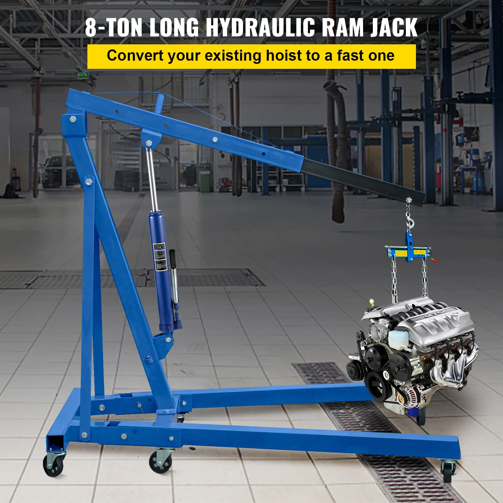 Hydraulic Long Ram Jack, 8 Tons/17363 lbs Capacity, Manual Cherry Picker with Handle, Engine Lift Hoist, Blue, Featuring Single Piston Pump and Clevis Base, Designed for Garage/Shop Cranes
