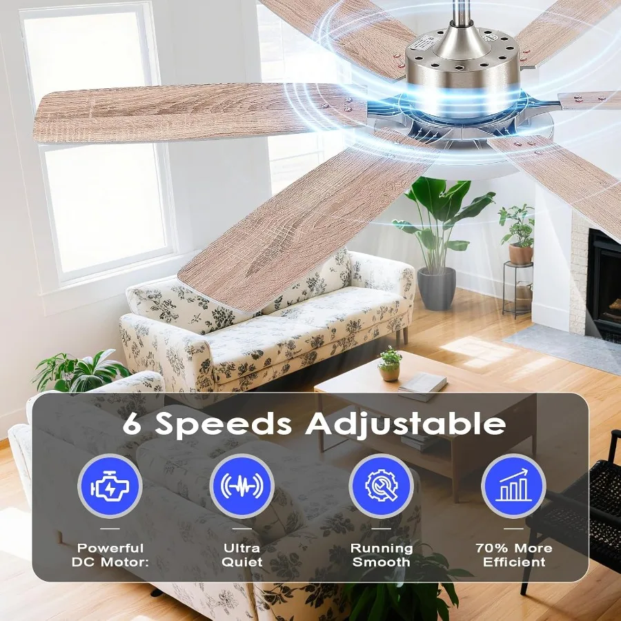 مروحة سقف حديثة مقاس 52 بوصة مع جهاز تحكم عن بعد مدمج وجهاز تحكم في التطبيق لغرفة النوم وغرفة المعيشة، تصميم مثبت على السطح يتميز بتيار مستمر R #4