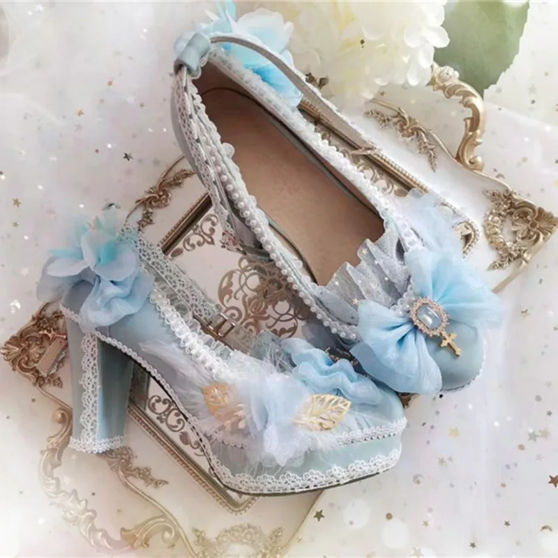 New Kawaii Loli Girl Tea Party Princess Lolita Shoes Pointed Toe Retro Lace Bowknot Women Shoe Goth Anime Sweet High Heels