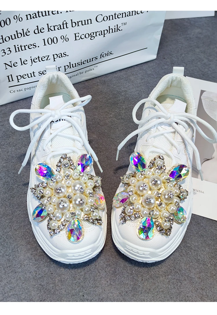 Scarpe sportive da donna in rete perline strass Sneakers scarpe con plateau stringate bianche Lady DIY White Lolita Sweet