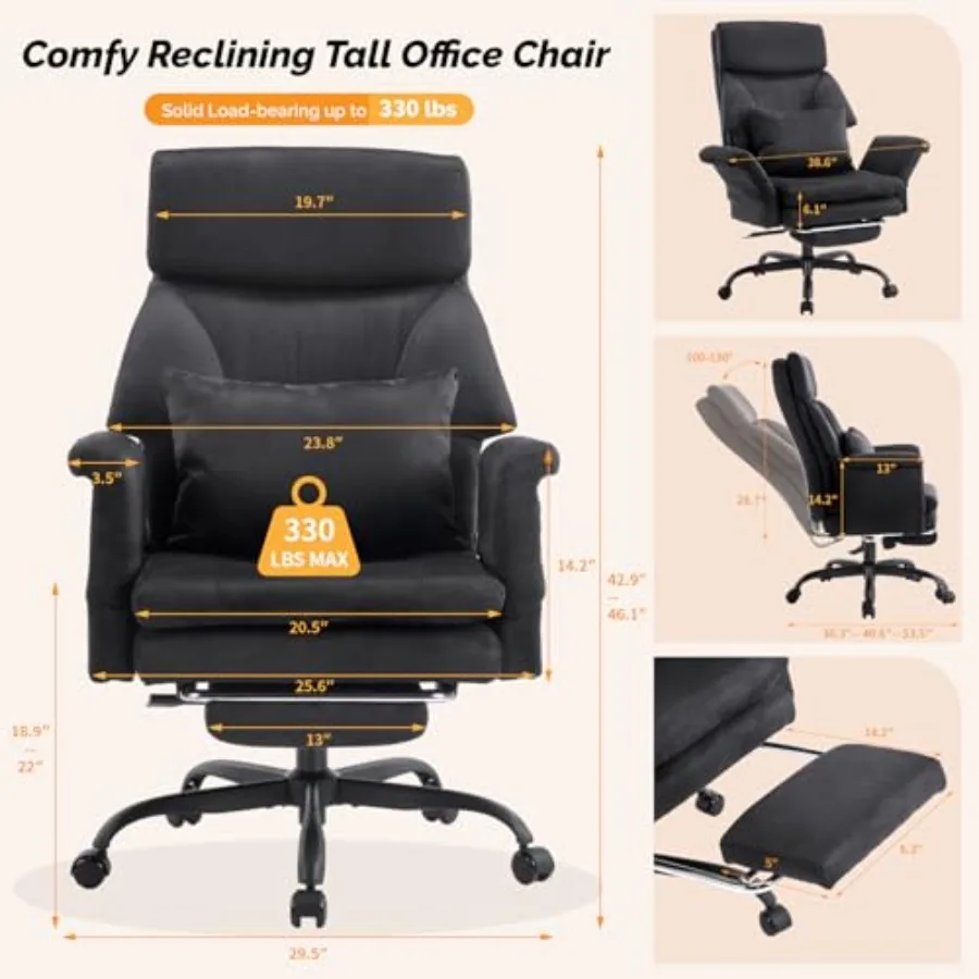 Gaming office chair for heavy users: microfiber, black, 100-130 reclining with footrest, adjustable armrests, headrest, criss-c
