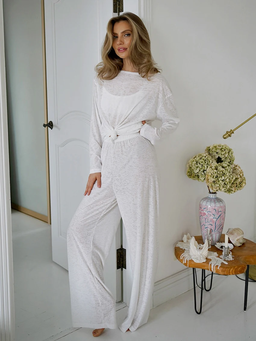 Marthaqiqi Loose Women'S Sleepwear 2 Piece Suit Long Sleeve Nightgowns O-Neck Nightwear Pants Casual Summer Women Home Clothes