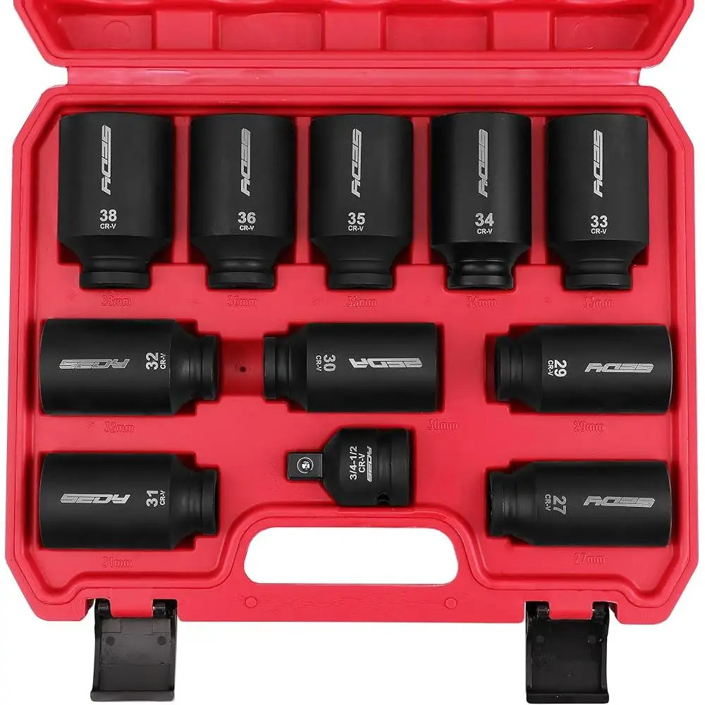 1/2 Drive Deep Impact Socket Set 11-Piece Metric Axle Nut Wrench Tool High Torque Durable Chrome Molybdenum Steel Storage