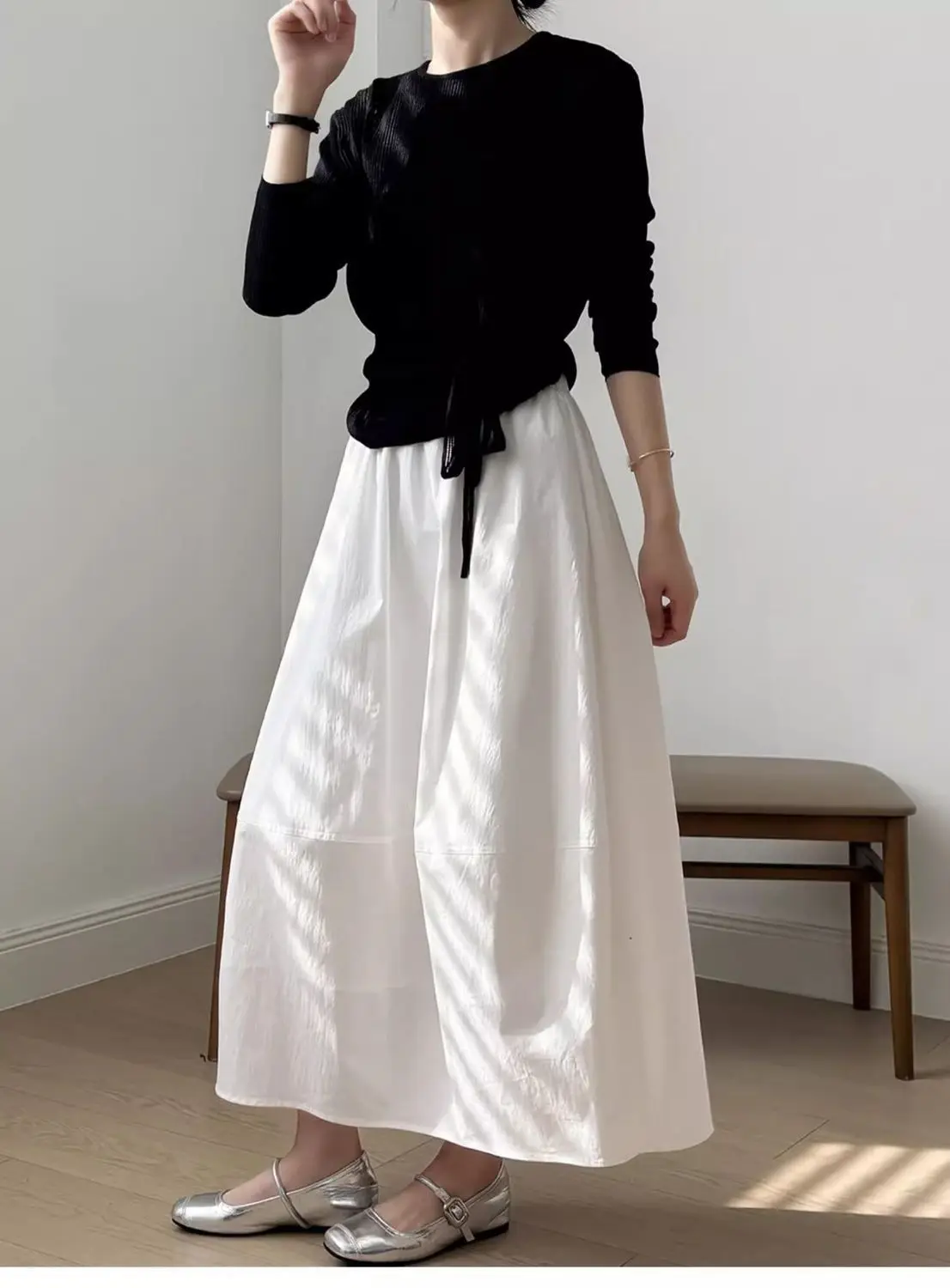 Spring Summer White Long Skirts for Woman Elegant Elastic High Waist Flared Umbrella Skirt Woman Casual Solid A-Line Maxi Skirt