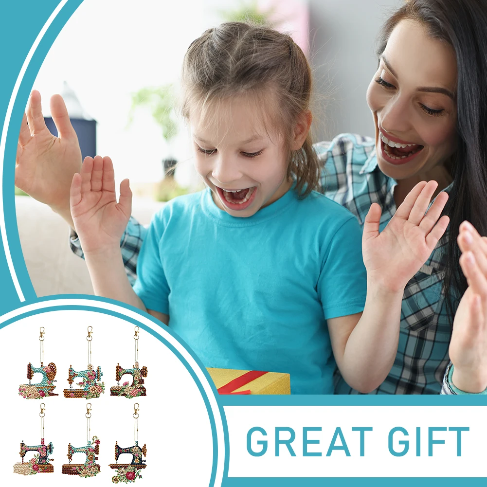 DIY diamant schilderij sleutelhanger dubbelzijdig 6 stuks Diamond Art sleutelhangers naaimachine sleutelhanger benodigdheden voor beginners Home Decor