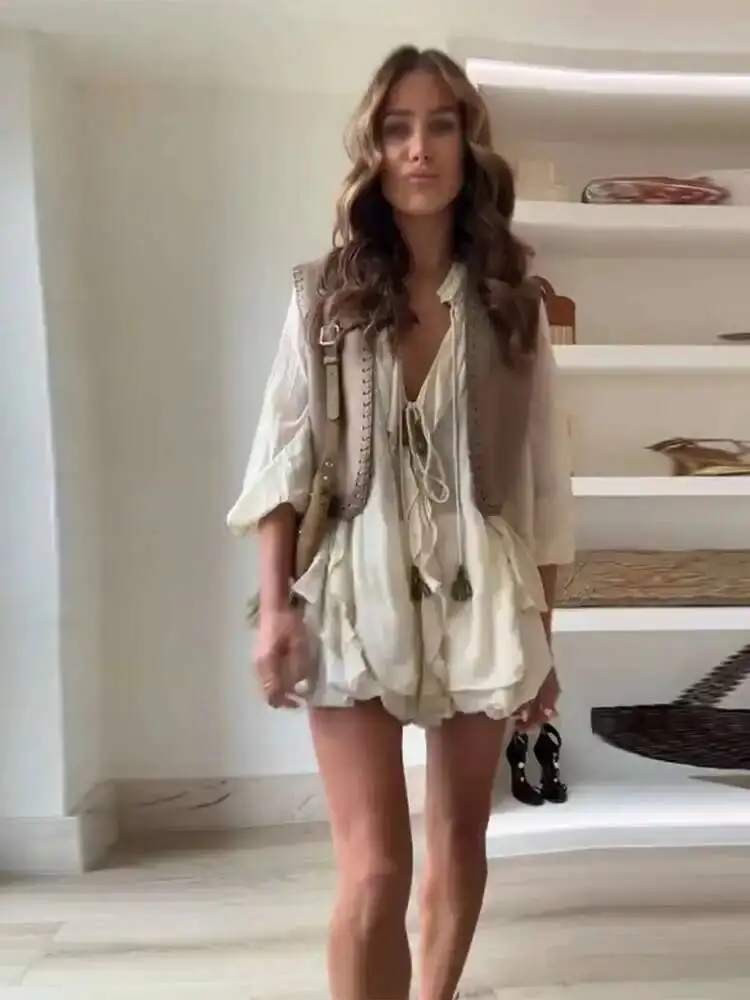 

Women 3 Piece Sets Elegant Ruffles Laple Hollow Out Lace Up Embroidery Vest Mini Skirts Female Suits Spring Lady Outfits HE8U