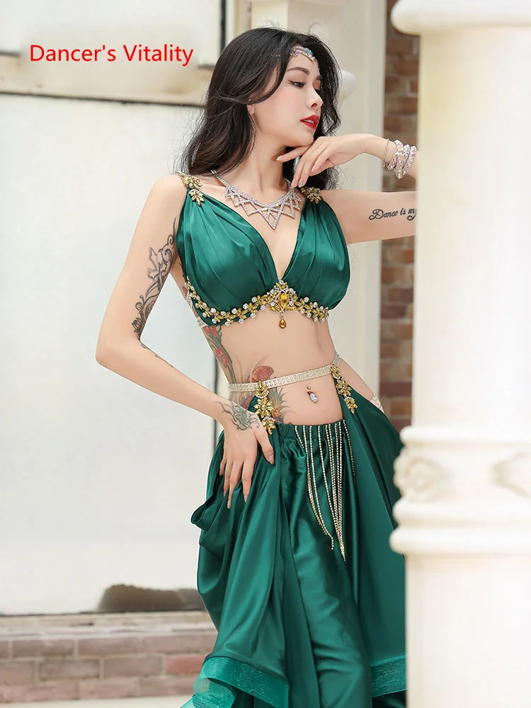 Bellydance ชุด Luxory สำหรับผ้าไหมซาติน Bra + กระโปรงยาว Belly Dance การแข่งขันชุด High-End ที่กำหนดเองเต้นรำชุดเวที