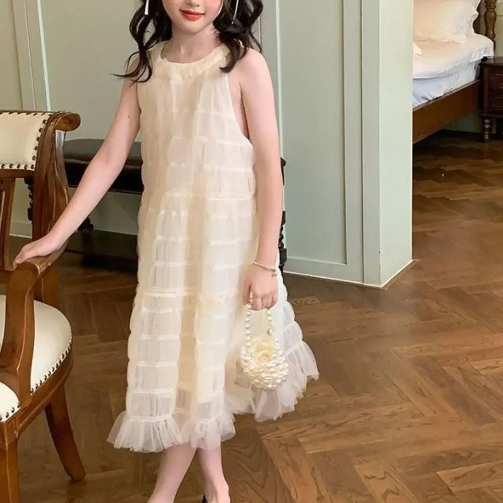 

Fashion Loose Girls Princess Dress Party Beach Vacation Summer Mesh Dress Children Sweet Teens Long Dress Party