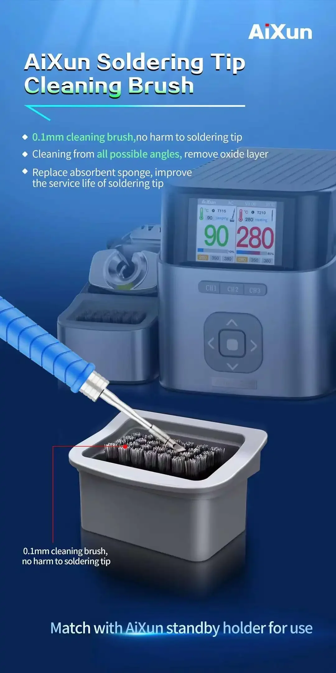 JC JCID AiXun 납땜 팁 청소 브러시, 납땜 헤드 노화 방지용, 0.1mm 청소 브러시, 산화층 제거 도구