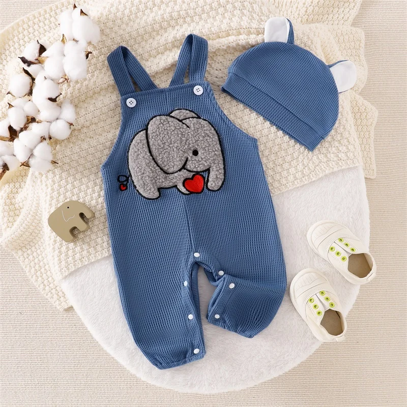 

Suefunskry Baby Boy Outfit, Cute Embroidery Elephant Overalls Casual Straps Pants with Hat for Daily Party