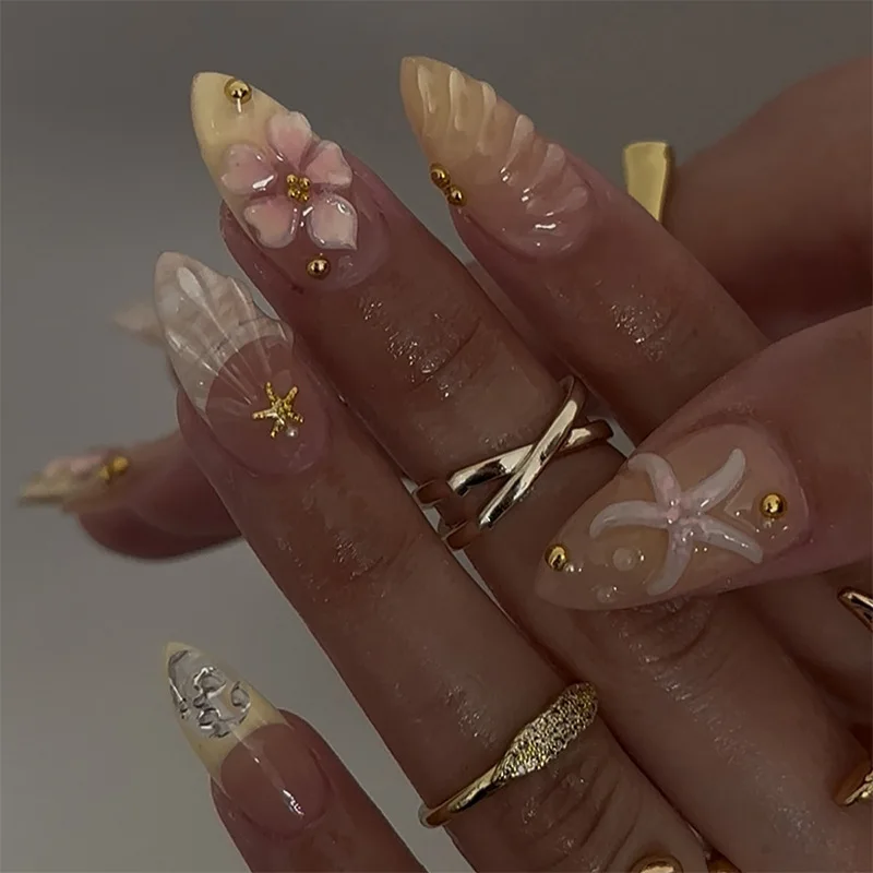 

24pcs French Almond Press on Nails Flower False Nails Wearable Stick-on Nails Fake Nail Uñas Postizas Mujer Накладные Ногти 네일팁