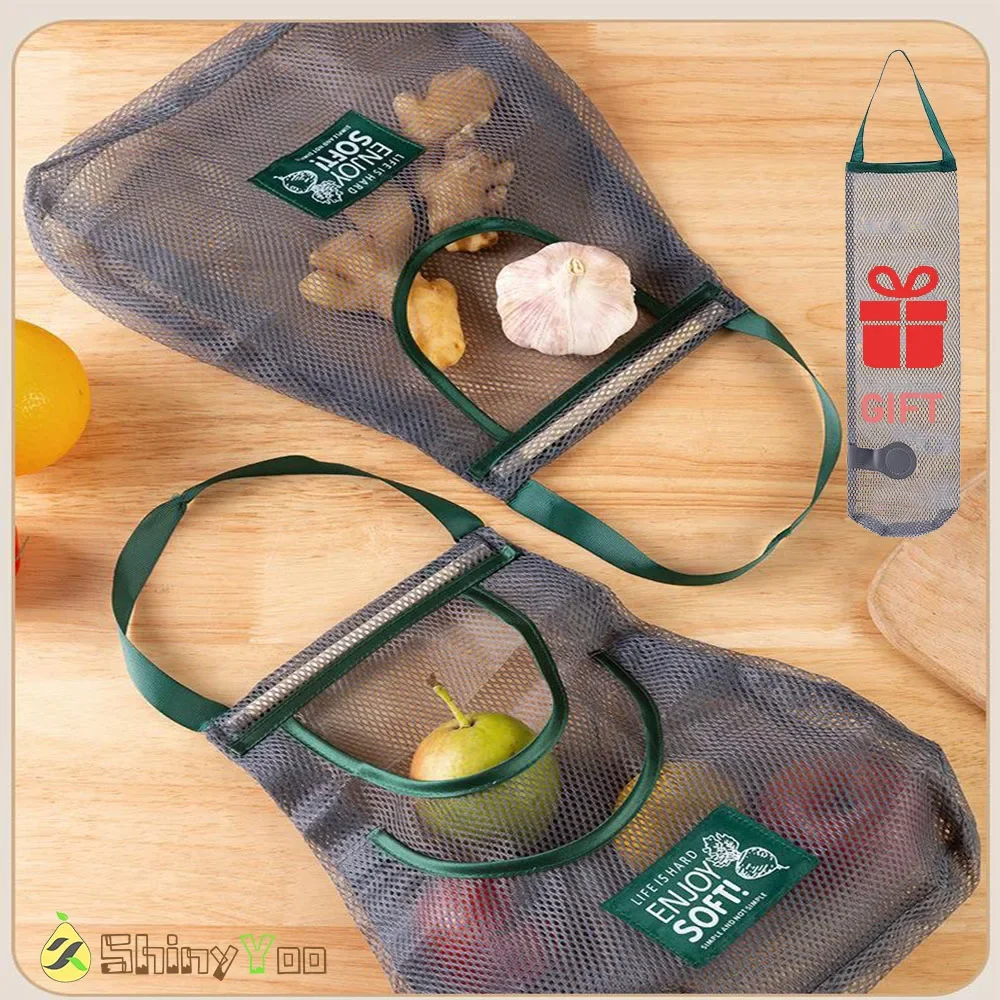 

Hanging Mesh Bag Reusable Net Storage Tote Bags Kitchen Fruit Vegetable Storage Organizer Bag for Ginger Garlic Potatoes Onions