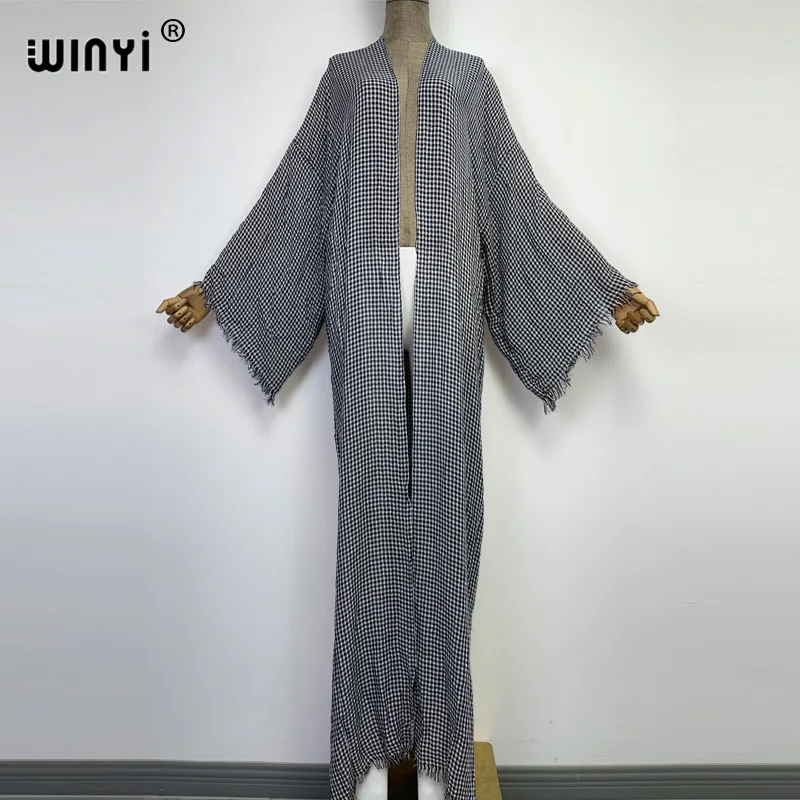 

WINYI High-quality comfortable plaid printing boho Dress Boho All-match Sexy perspective home coat holiday party casual Kimono