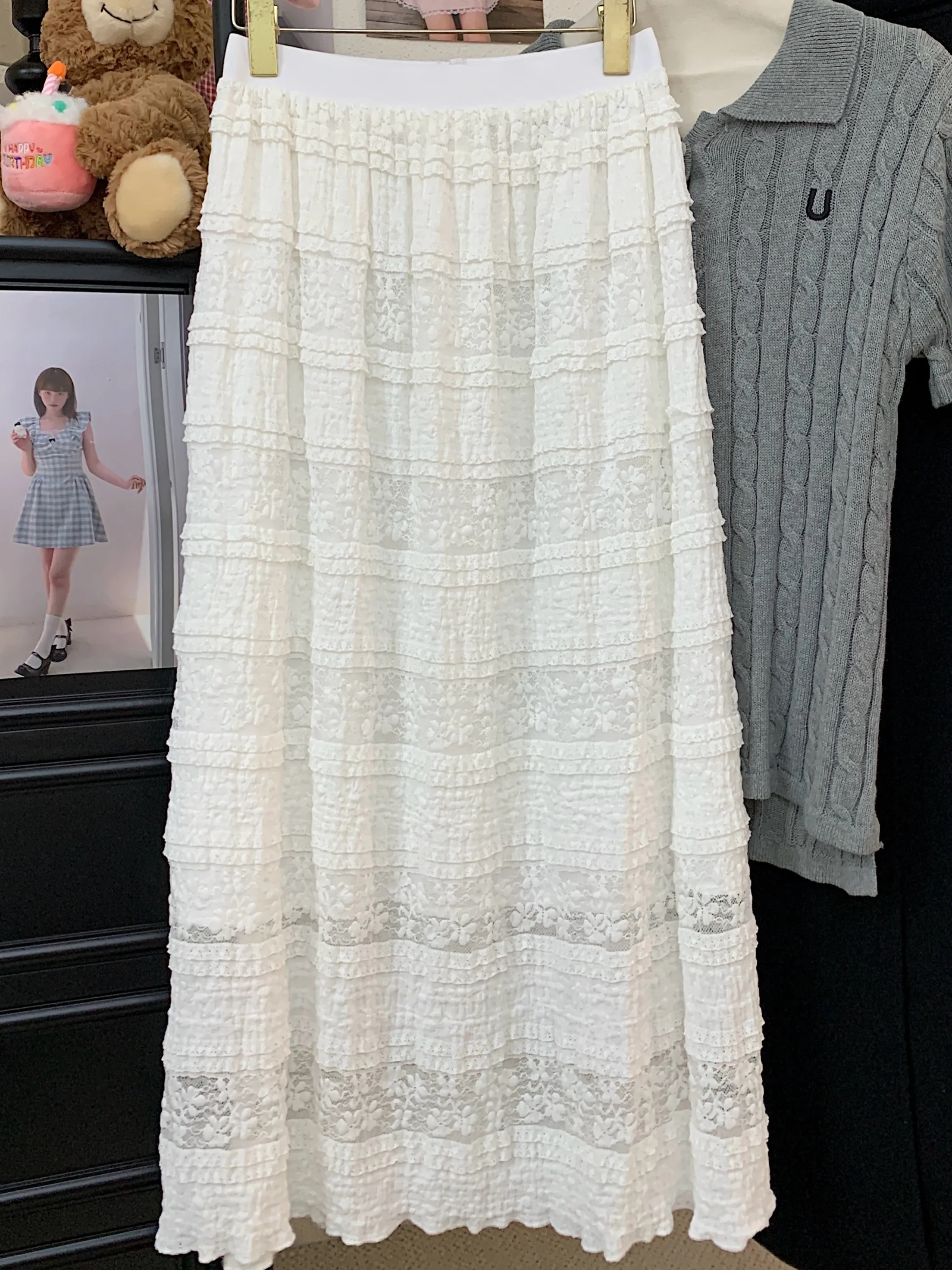 

Большие размеры, корейская кружевная длинная юбка с высокой талией, женская летняя новая утягивающая юбка трапециевидной формы Pure Desire, Commute Sle