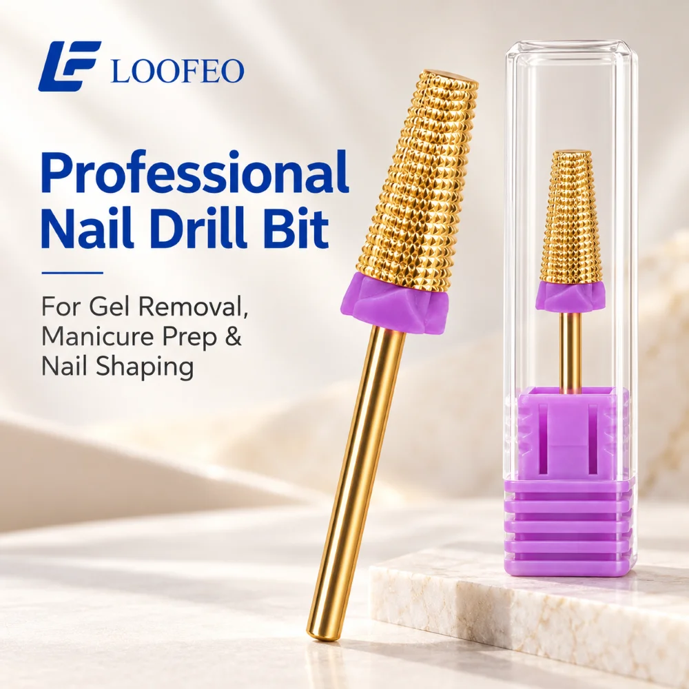 Gold Plated Stainless Steel Nail Drill Bit 2.35mm Shank Tapered Cross Cut Head For Gel Acrylic Removal Shaping With Storage Case