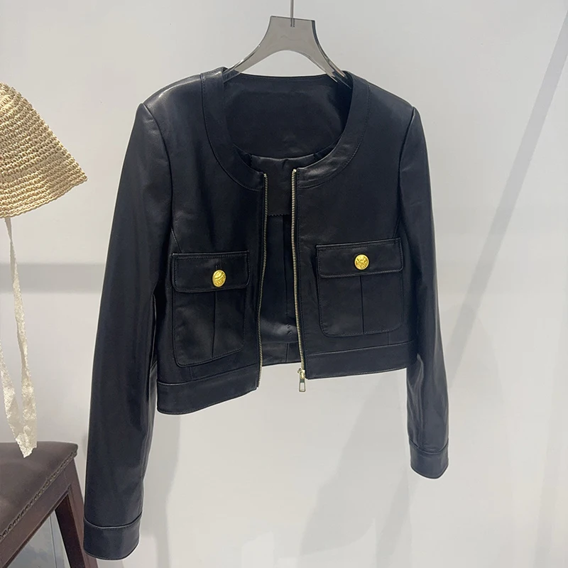 شيك النبيذ الأحمر المرأة معاطف السترة الجلدية الحقيقية موضة شارع العليا الإناث س الرقبة سستة كم طويل جلد الغنم سترات قصيرة القمم