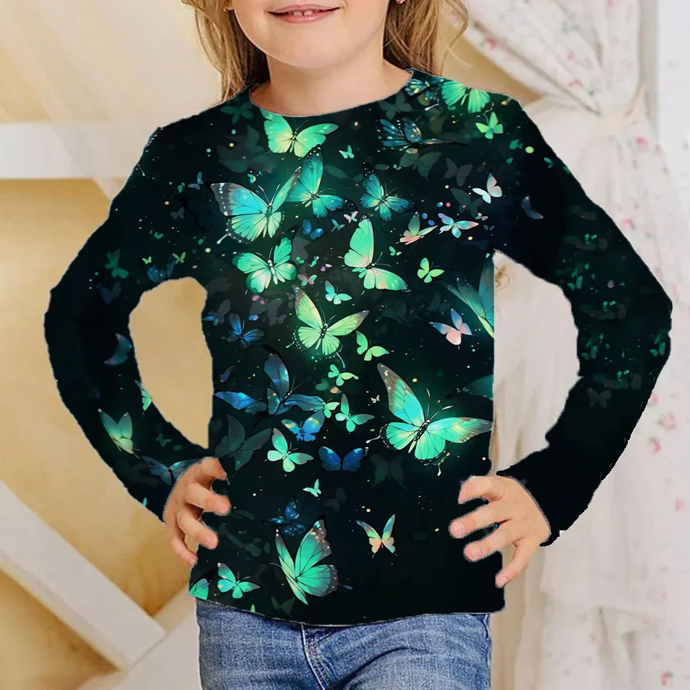 Kleidung Mädchen von 4 bis 12 Jahren Schmetterling leuchtet schwarz Langarm T-Shirts Kinder Mode Herbst Tops für Kinder T-Shirts