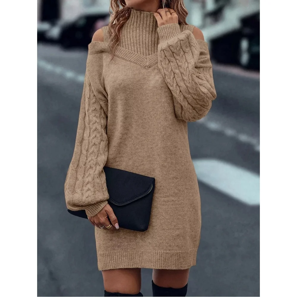 Women Autumn Winter Pullovers Sweaters Ladies Half Turtleneck Lantern Sleeve Long Knitted Dresses off the Shoulder Loose Sweater