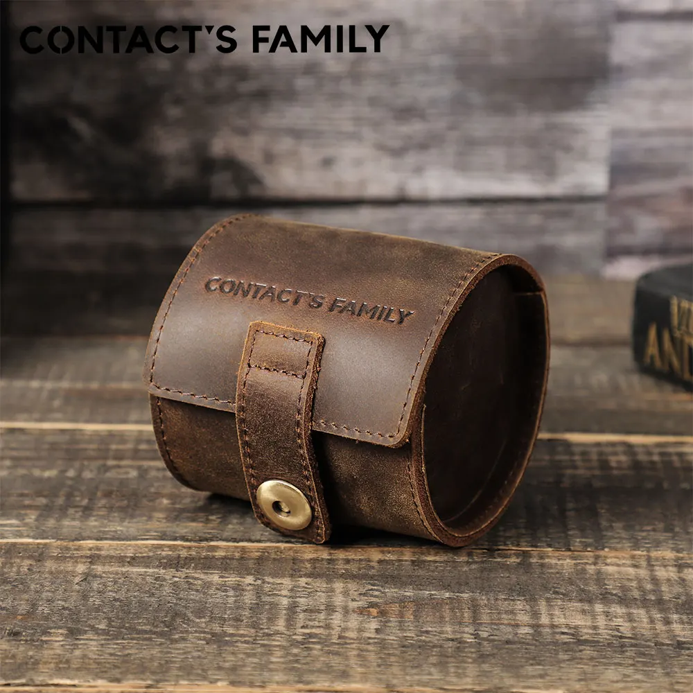 

CONTACT'S FAMILY Handmade 100% Cow Leather Retro Single Watch Roll Organizer for Men and Women Gifts Travel Case With Buckle