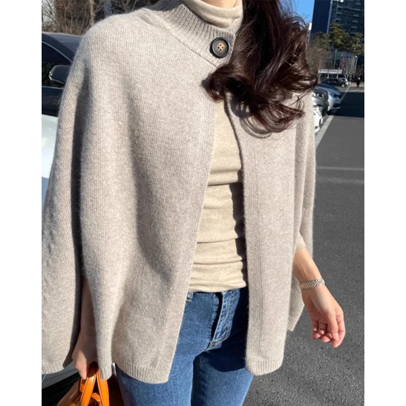 Gagarich Korean Chic Autumn Winter French Round Neck One Button Loose Versatile Cape Style Knitted Sweater Jacket Women