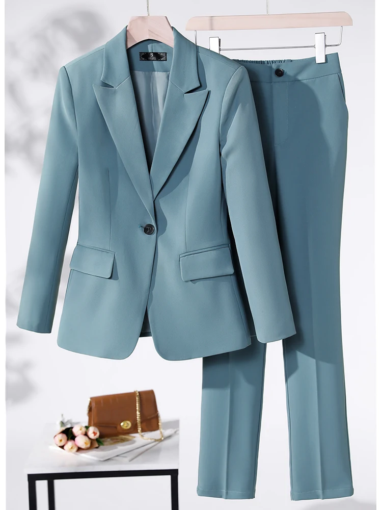 Women 2 Piece Set Formal Pant Suit Coffee Red Black Blue Blazer Jacket And Trouser For Office Ladies Business Work Wear