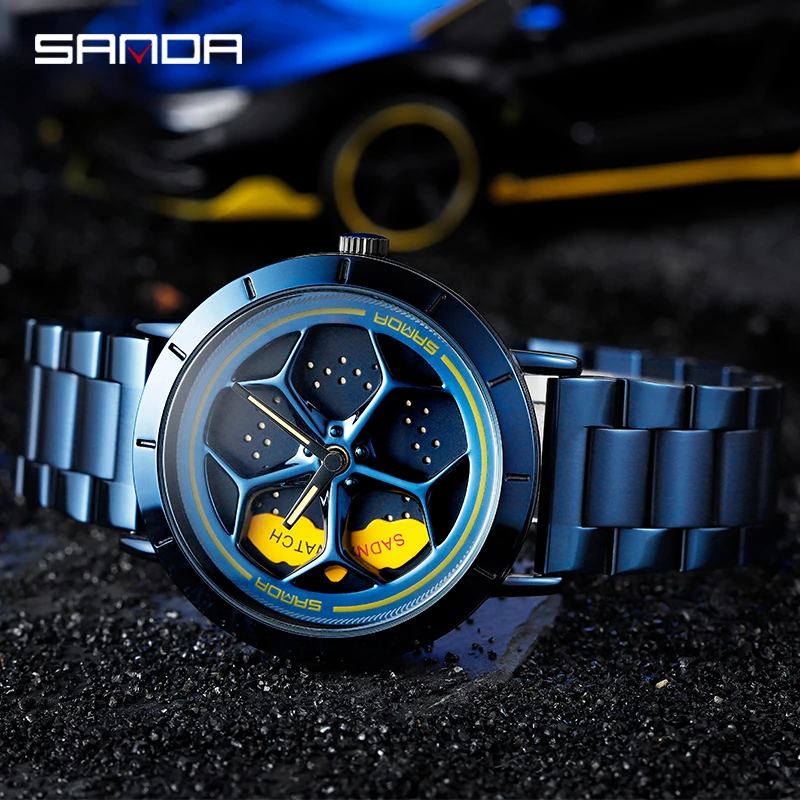 SANDA P1022 Luxury Car Men Watch Waterproof Quartz Man Wristwatch Wheel Rotating Reloj Creative Men\'s Watches Relogio Masculino