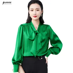 Green Shirt Women Bow Design 2022 New Fashion Temperament Loose Formal Satin Blouses Office Ladies Work Clothes Tops White