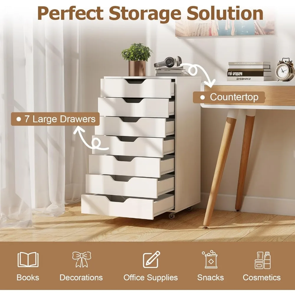خزانة ملفات متنقلة مع 7 أدراج - منظم جانبي على عجلات لحلول تخزين المكاتب المنزلية