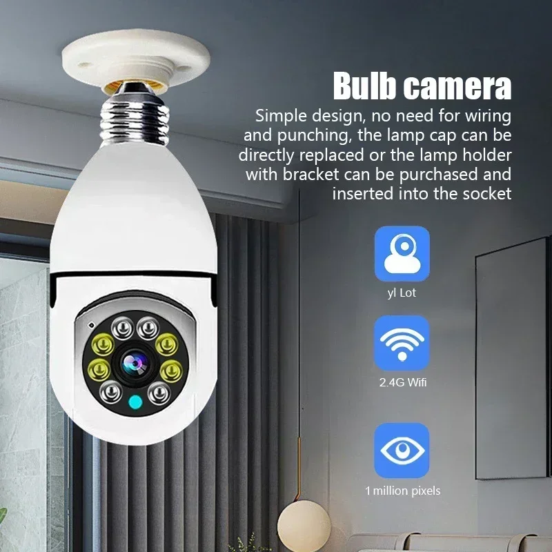 Câmera de Vigilância IP sem fio, Visão Noturna, Home CCTV Security, 4x Vídeo Zoom Digital, Câmera IP interior, Wi-Fi, 2.4G, 5G, Lâmpada E27, 2MP