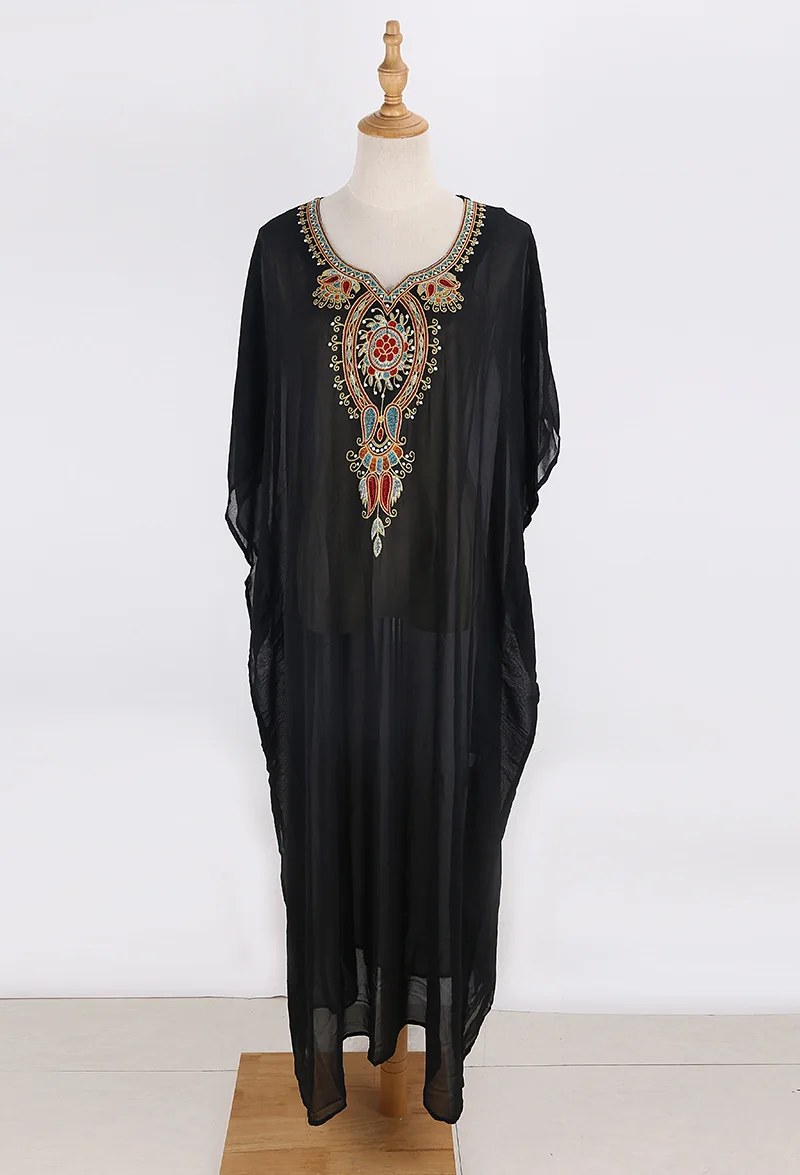 Bordado feminino Chiffon Swimwear, Kaftans turcos, Encobrir maiô, Vestido Longo Praia Caftan