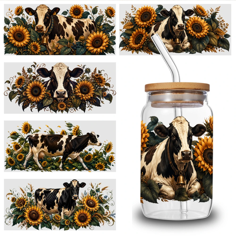 5 Sheets Cow Sunflower Pattern UV DTF Stickers UV DTF Transfer Stickers for Glass Cups DIY Water Bottle Glass Cups Decoration