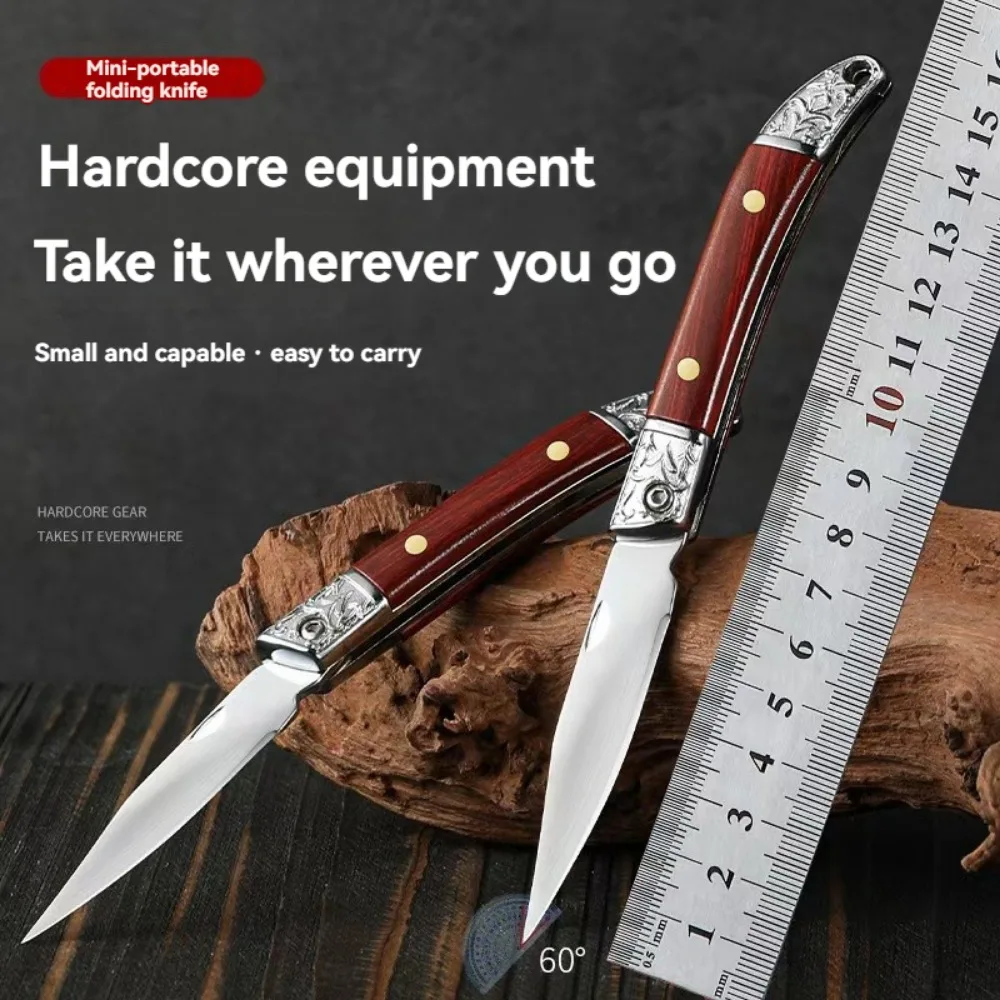 Stainless steel plastic wood carved pattern folding knife outdoor camping tactical hunting knife sharp and durable pocket knife