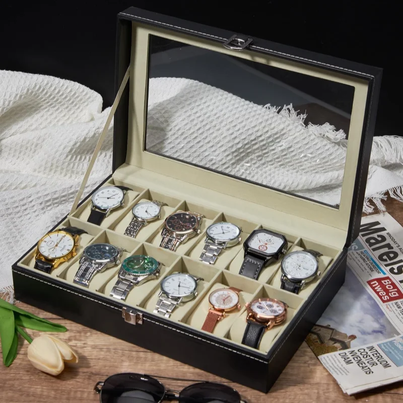 2/3/6/10/12 Slot PU Leather Watch Box Display Case Jewelry Organizer with Glass Top Men Watch Bracket Display Box Gifts