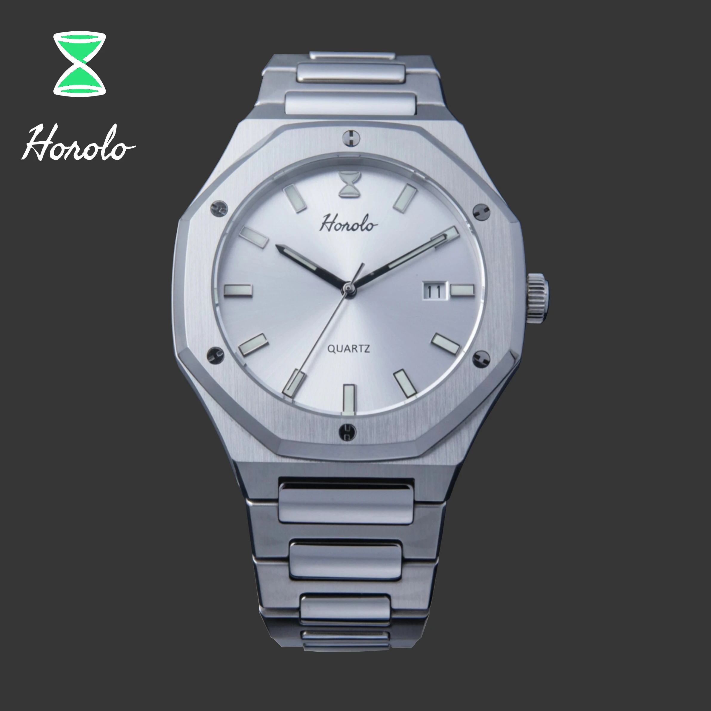 Horolo Zwitsers quartz uurwerk Ronda 515 herenhorloge roestvrij staal 316L superlichtgevend C3 waterbestendig 5ATM