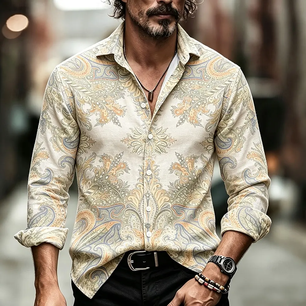 Men Vintage Paisley Floral Leaf Print Long Sleeve Shirt Lapel Button Down Casual Dress Shirts