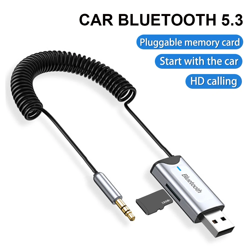 

Bluetooth 5.3 Adapter Stereo Wireless USB Dongle to 3.5mm Jack Car AUX Audio Music Adapter Mic Handsfree Call & TF Card Slot