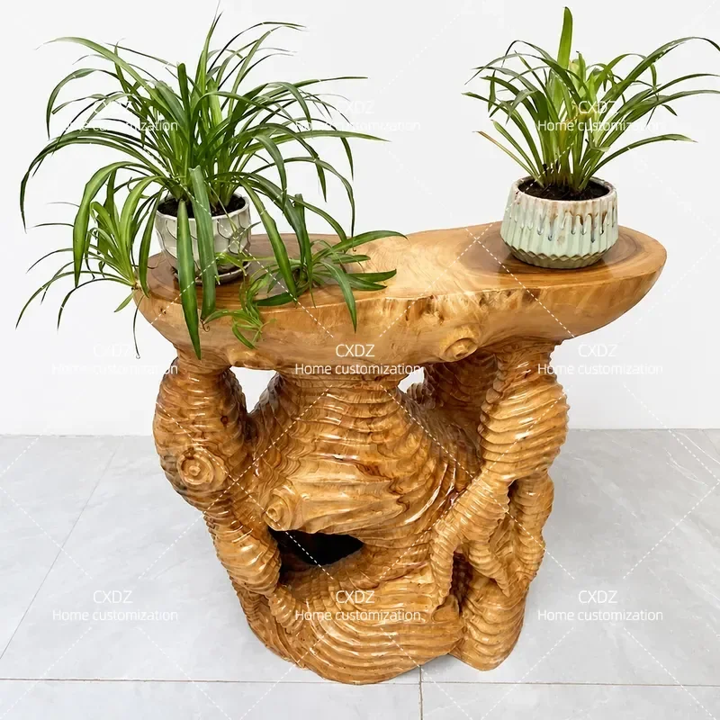 Natural Tree Root Flower Stand Solid Wood Log Multi Layer Bonsai Display Rack Fish Tank Base for Living Room Balcony Green
