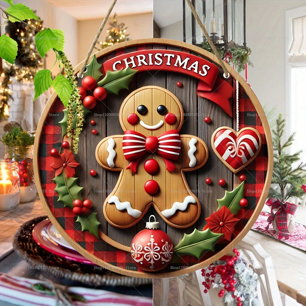 2D Merry Christmas Red Black Plaid Berry Gingerbread Man Wooden Wreath Sign Wall Hanging Sign for Front Door Porch Home Decor