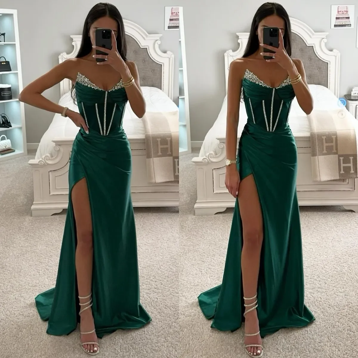 Emerald Green Prom Dress Beaded Strapless Formal Evening Dresses Elegant Pleats Party Gowns For Special Occasions Thigh Split