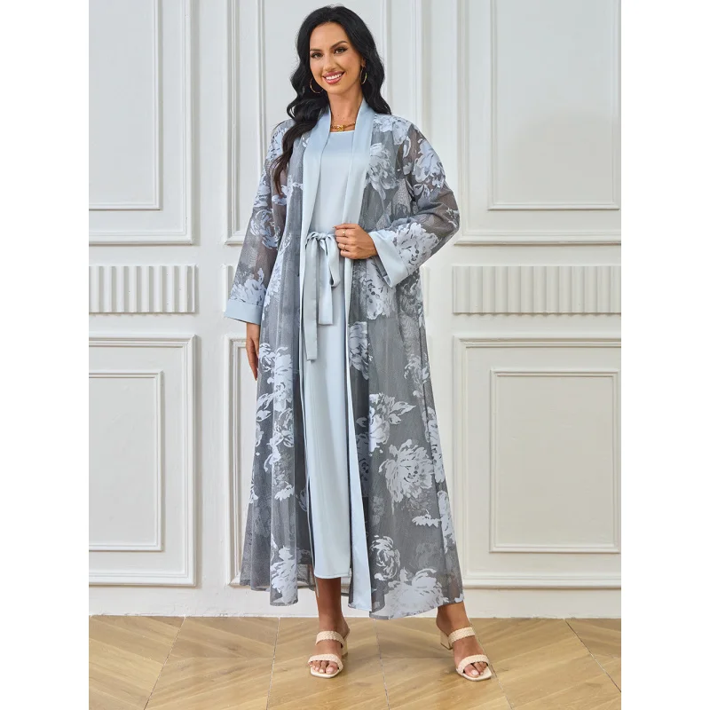 

New Middle Eastern Abaya Robe Dress Floral Casual Dress Cardigan Two-Piece Set Women's Clothing
