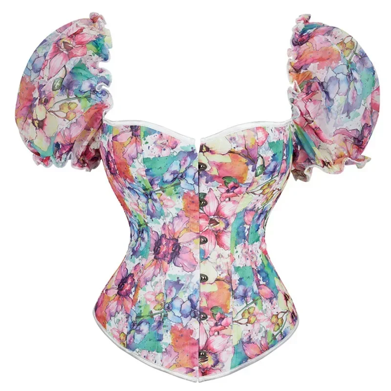 

Women Corset Bustier Top Flowers Up Trim With Sleeves One Shoulder Satin Corsets Overbust Victorian Plus Size Corselet