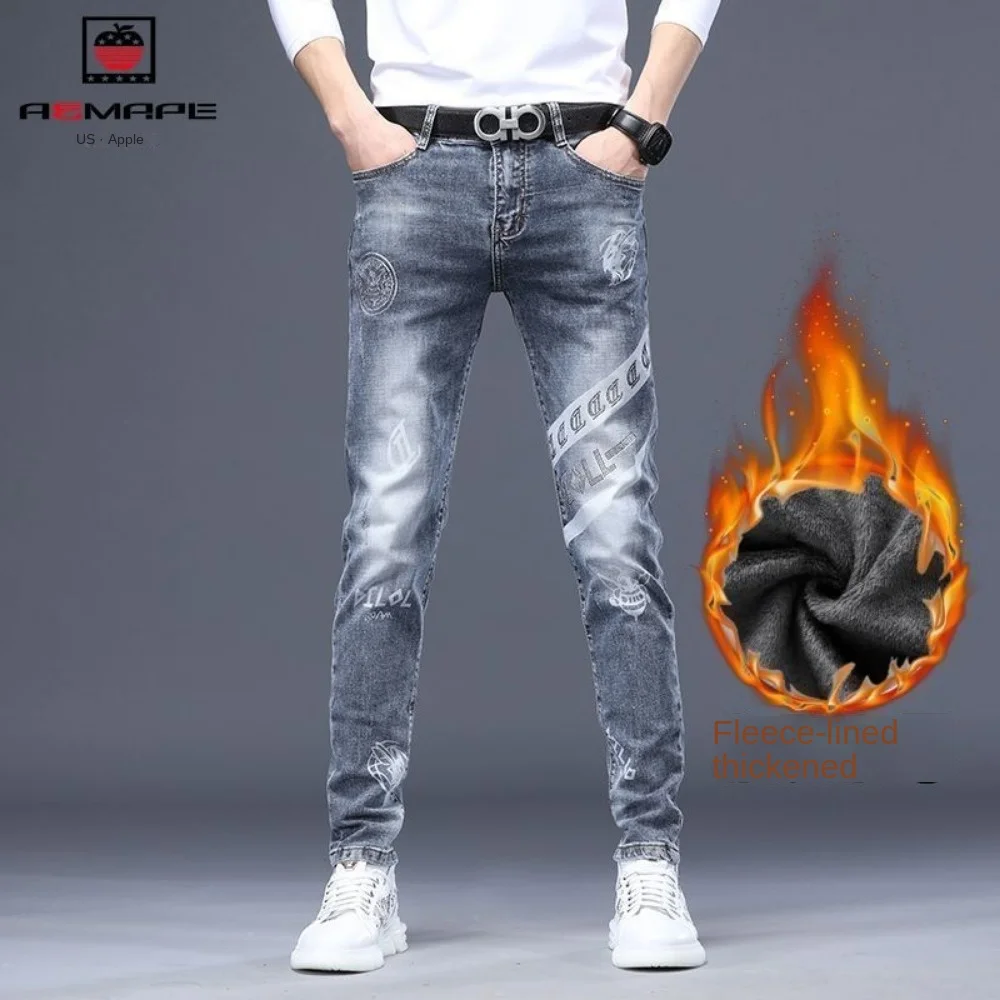 New Casual Denim Slim Fit Printed Jeans for Men High-grade Trendy Hot Drilling Warm Jeans for Autumn and Winter Warmth Trousers