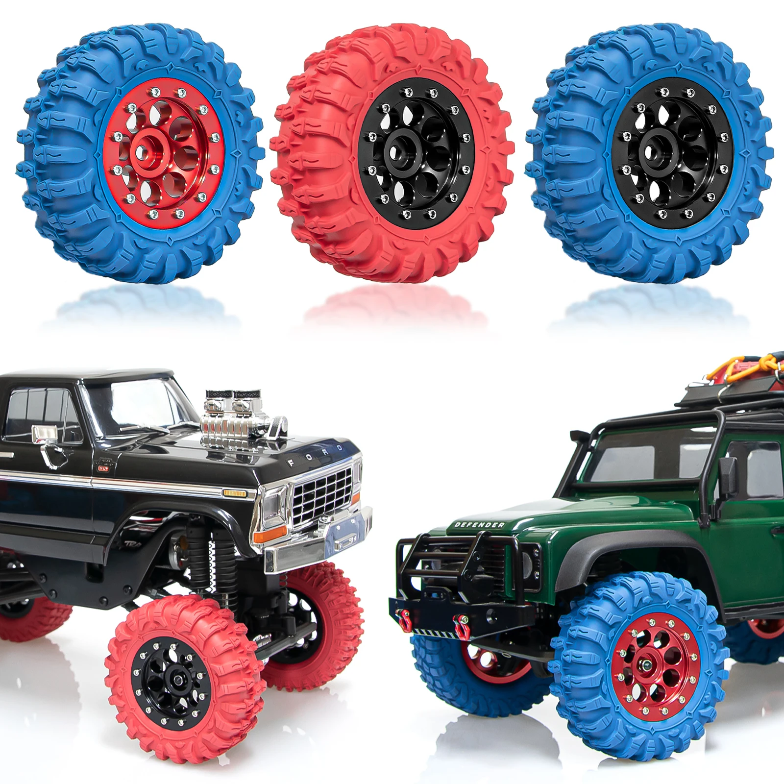 

Комплект цветных резиновых шин HFLRC (4 шт.) 1,3 дюйма с алюминиевыми дисками 1,45 для радиоуправляемых краулеров масштаба 1/18, 1/24, совместимых с TRX4M, SCX24