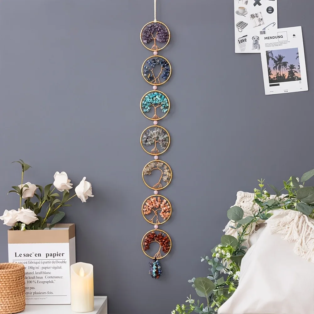 7 Chakra Tree of Life Crystal Wall Hanging Handmade Healing Gemstone Suncatcher Window Decor Ornament Home Yoga Meditation Room
